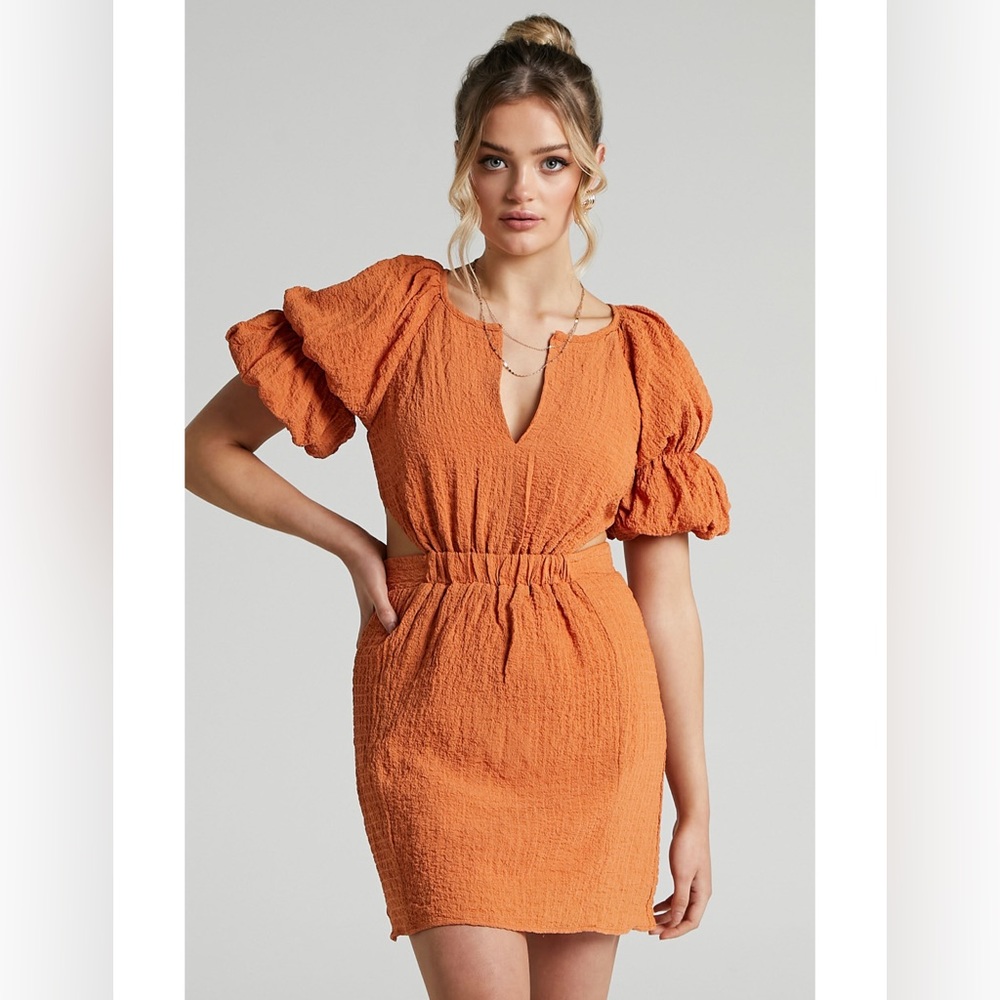 Orange Puff Sleeve Cut Out Dress